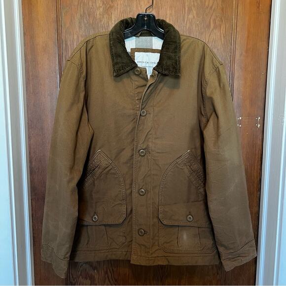 NWT American Eagle Jacket Brown Canvas Button Jacket Medium Duck Barn Worker‎ - Picture 1 of 10